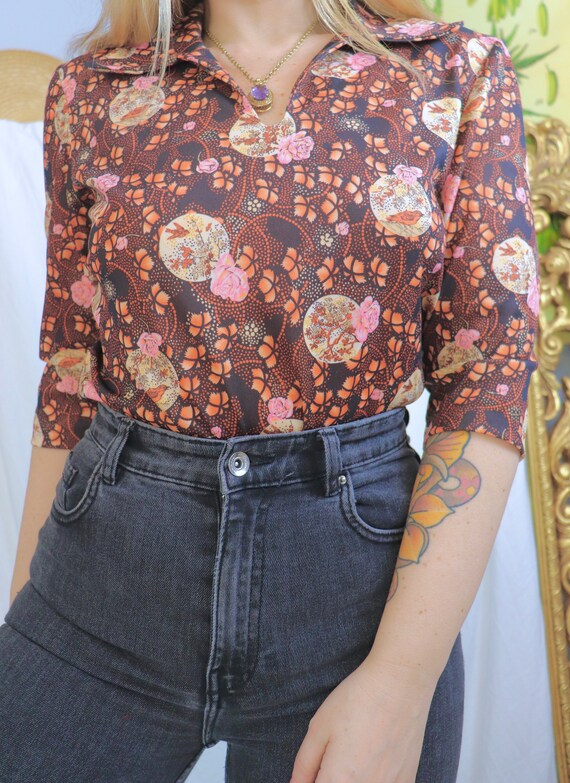 Vintage Collared Blouse - 1960s to 1970s - Floral… - image 2