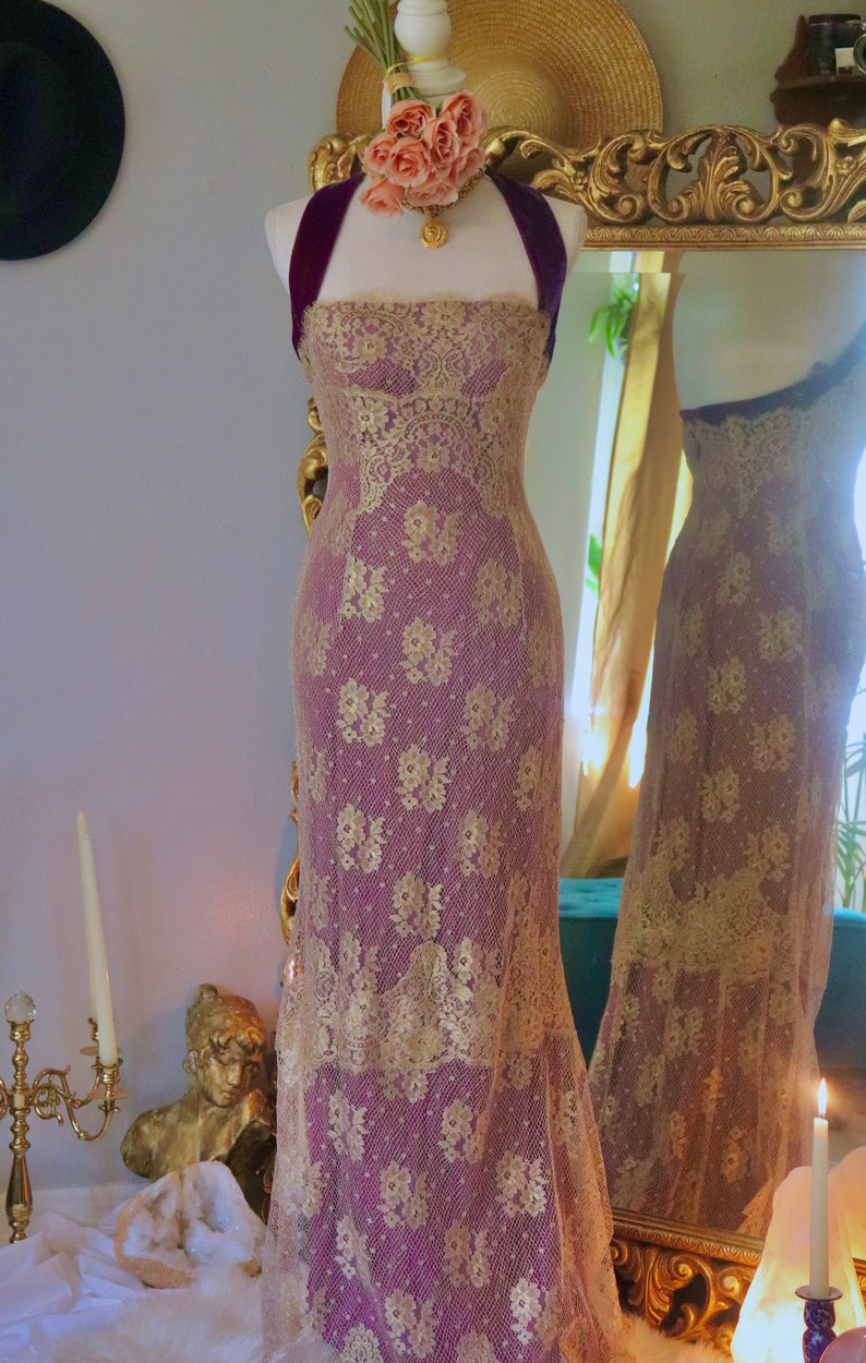 Vintage Evening Gown - 1980s to 1990s - Long Formal Dress - Gold Floral Lace & Purple Velvet -Square Halter Neckline -XS to S -Romantic Chic 