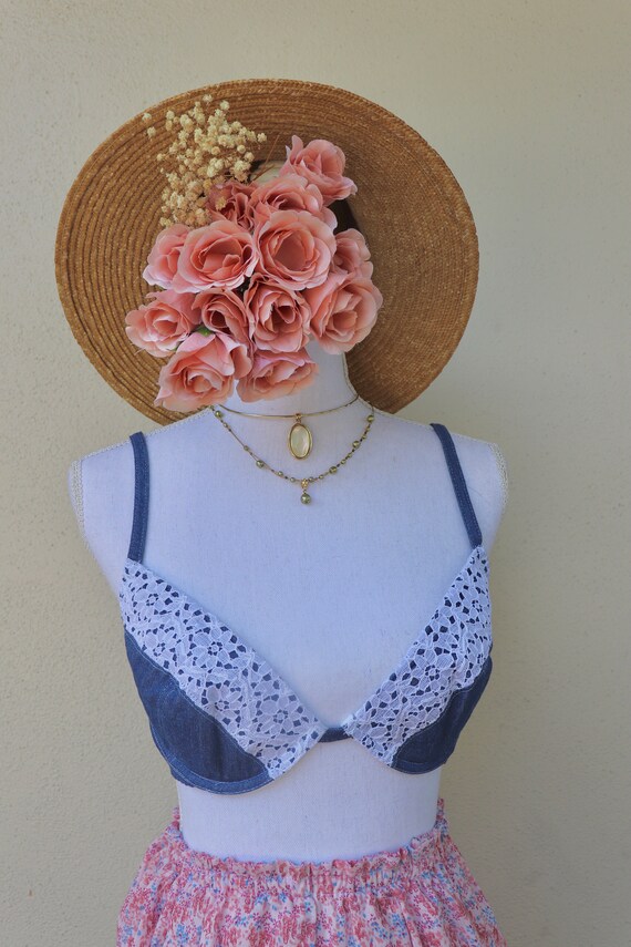 Vintage Denim Bra - 1990s Lingerie - White Floral… - image 2