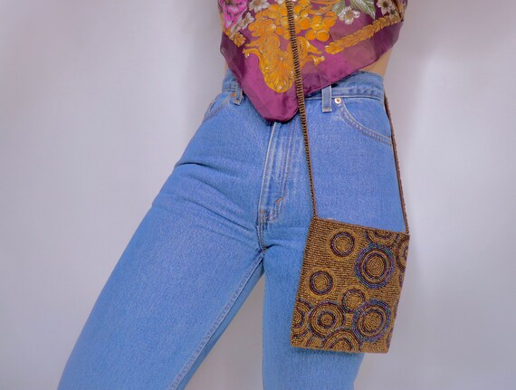 Vintage Crossbody Bag - 1990s to Y2K - Beaded Gold