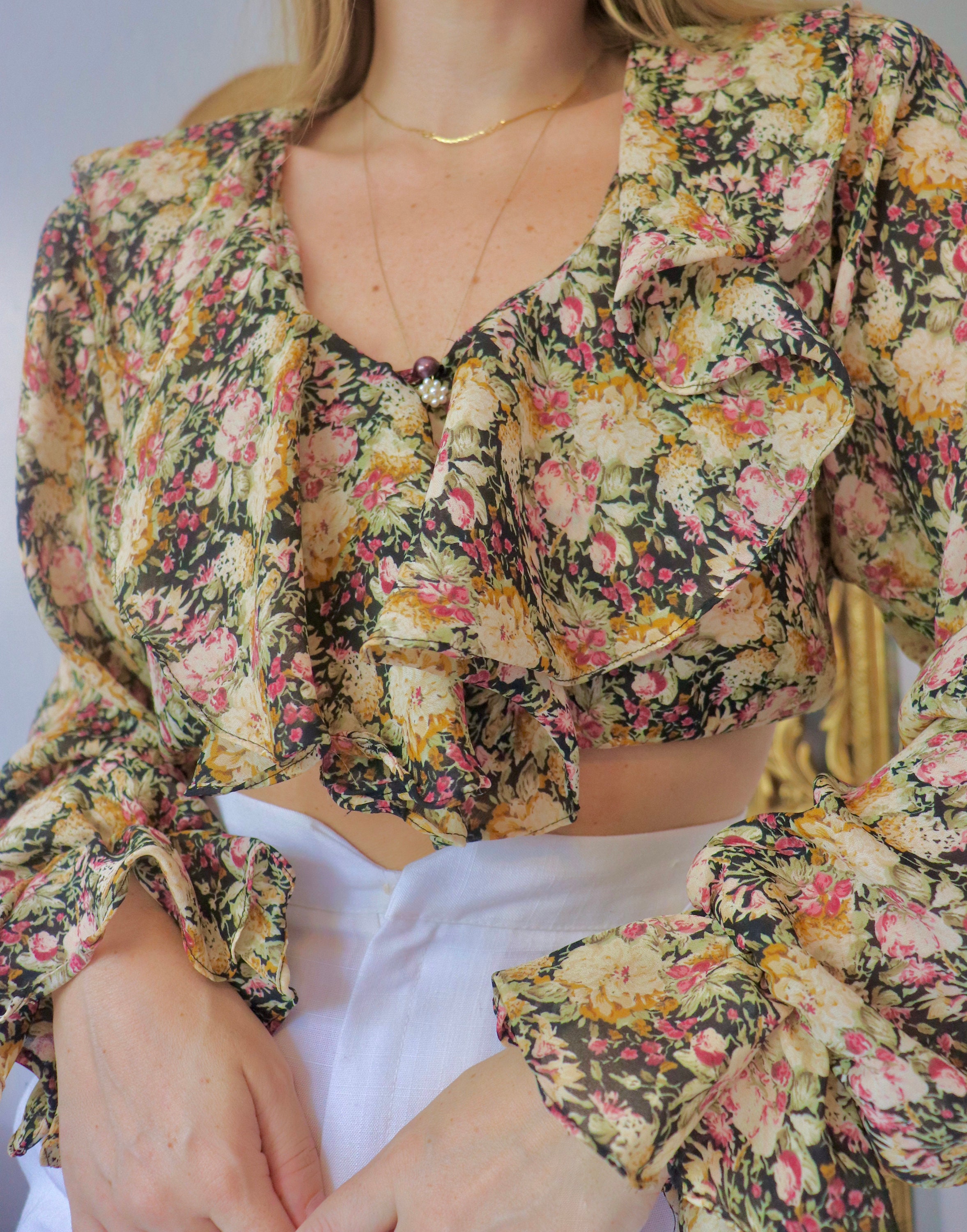 Vintage Floral Poet Blouse 1980s to 1990s Black Pink Green Yellow Bell ...