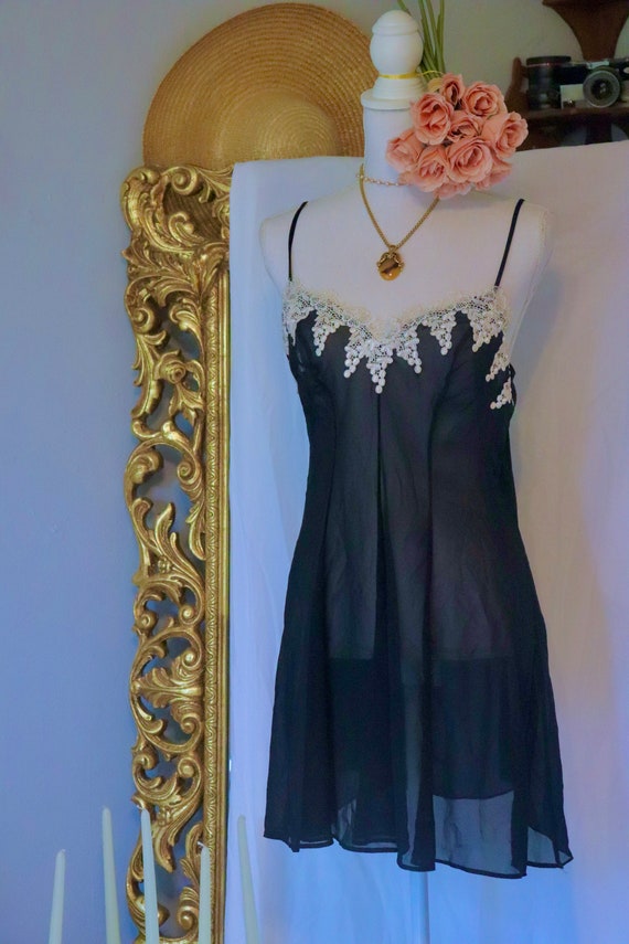 Vintage Slip Dress - 1980s to 1990s - Black Sheer… - image 2