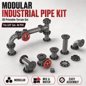 May include: A modular industrial pipe kit for 3D printable terrain, featuring grey metallic pipes, connectors, and red valves. The set includes various pipe segments, end caps, and fittings designed to fit 3/8" Sch. 40 PVC. Text includes Modular, Mix & Match, and Easy Assembly.