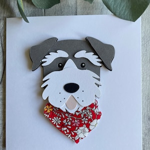 Cartão Schnauzer feito à mão com gravata de tecido Liberty - pode ser personalizado
