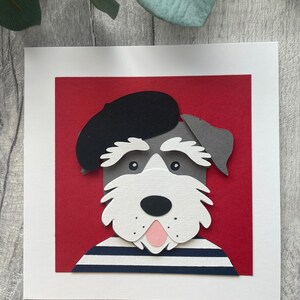 Handgemachte Karte - Schnauzer Hund mit französischer Baskenmütze und T-Shirt - kann personalisiert werden