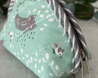 Cute quilted cat fabric coin zip purse small make up bag