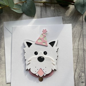 Cachorro Westie feito à mão com cartão de chapéu de festa pode ser personalizado