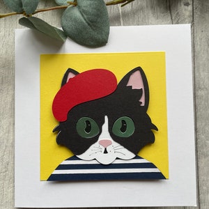 Handgemachte Karte - Süße Katze mit französischem Baskenmütze und T-Shirt - kann personalisiert werden