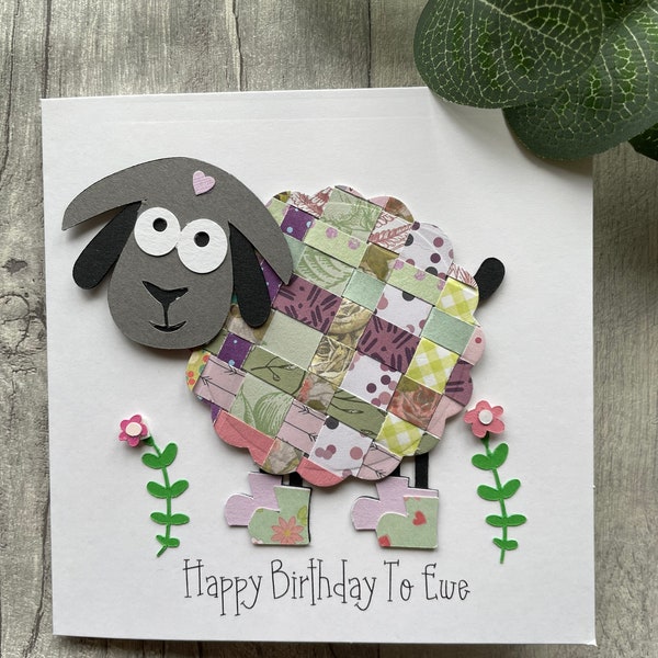 Colourful woven paper handmade sheep card - can be personalised
