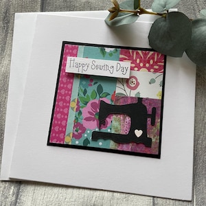 Carte de joyeux anniversaire fait main, thème patchwork shabby chic, machine à coudre vintage - personnalisable