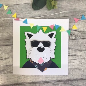 Carte Westie faite main - West Highland Terrier dans des tons clairs et une cravate