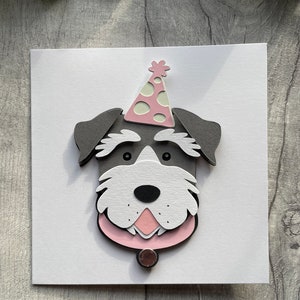 Handmade Schnauzer dog with party hat card can be personalised