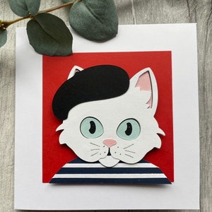 Carte faite à la main - Chat mignon avec Français béret et T-shirt - peut être personnalisé
