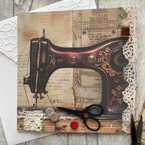 Máquina de costura vintage com cartão de felicitações de renda - pode ser personalizada
