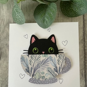 Handmade kitty cat in a teacup card can be personalised