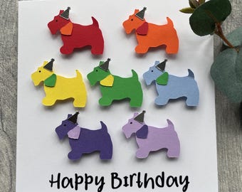 Handmade Westie Birthday Card: Rainbow Dogs, Silver Party Hats