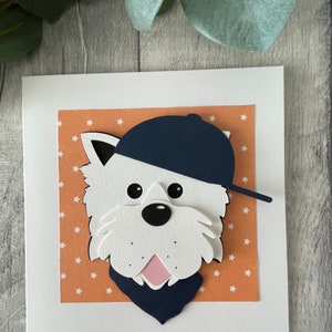 Handmade card Westie West Highland Terrier in cravat and baseball cap can be personalised