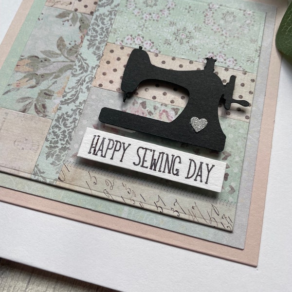 Vintage sewing machine theme patchwork shabby chic Handmade Happy Birthday card - can be personalised