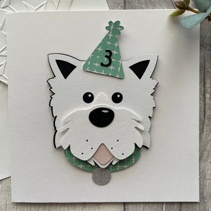 Handgemaakte Westie-kaart met feesthoedje kan worden gepersonaliseerd, andere kleuren beschikbaar