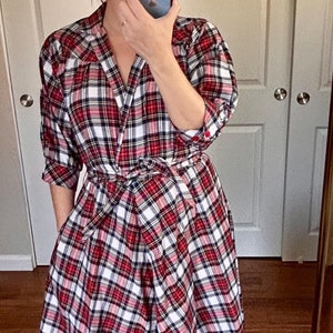 Plaid puff-sleeve midi shirt dress with pockets