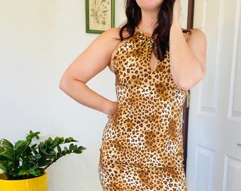 Vintage Maggie London Sleeveless Cheetah Print Silk Body Con Dress