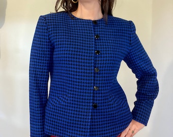 Vintage Master Design Blau & Schwarz Houndstooth Wolle Blazer Jacke