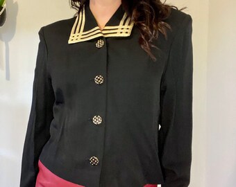 Vintage Black & Gold Embellished Collar Long Sleeve Button Front Blouse