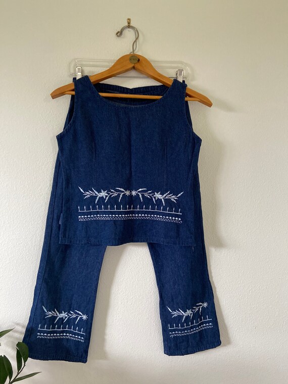 Vintage Embroidered Denim Pant & Crop Tank Set