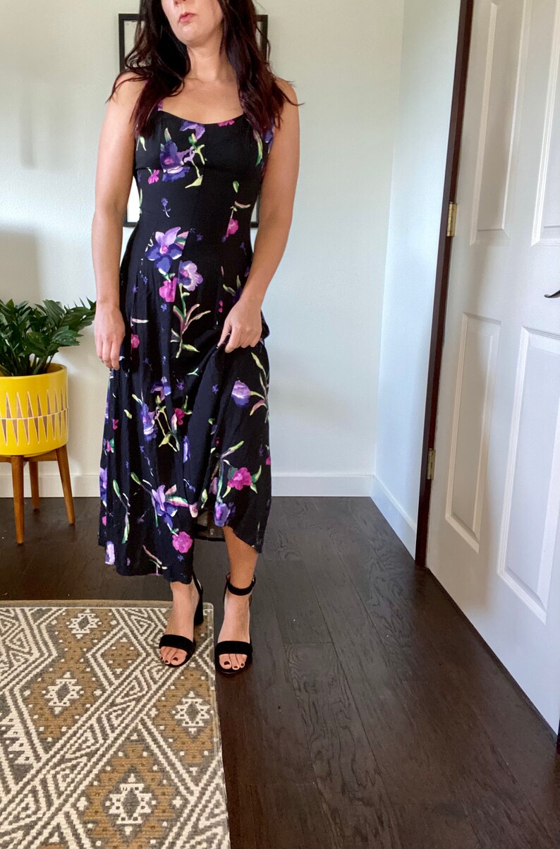 1990s Vintage Floral Sleeveless Criss-Cross Back Rayon Midi Dress
