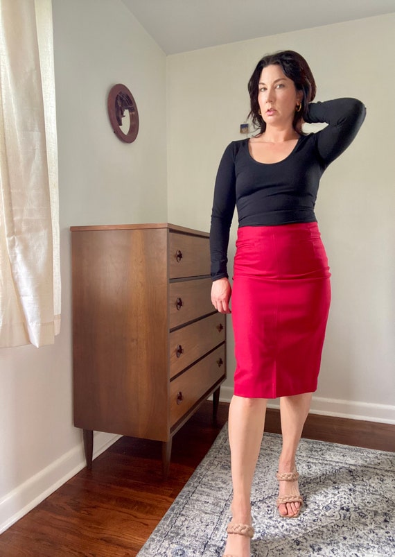 Vintage High Waist Cherry Red Wool Pencil Skirt