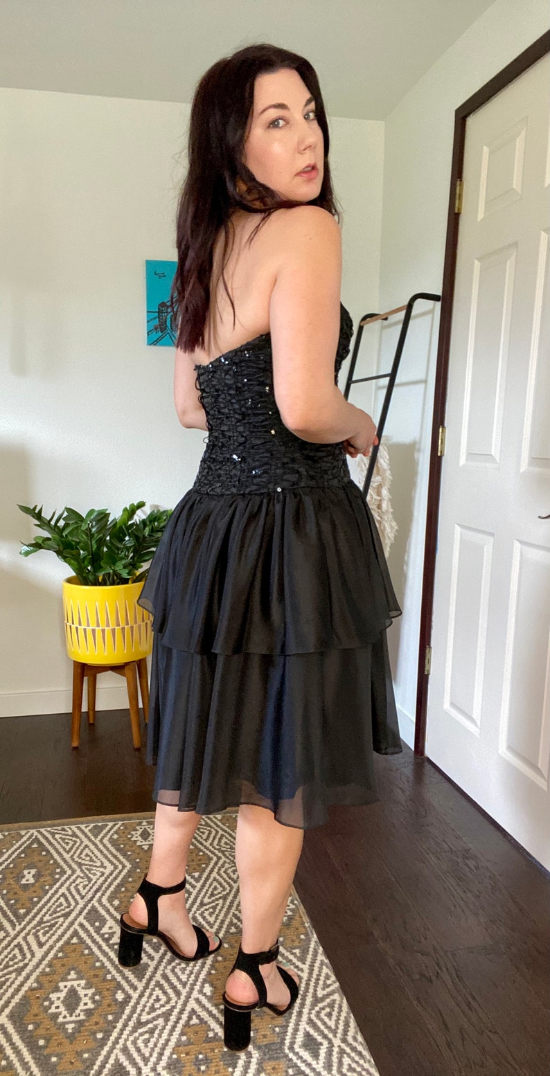 1980s Vintage TD4 by Eletra Strapless Tiered Sequin LBD Party Dress Cocktail Dress Prom Dress