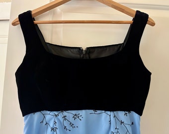 1990s sleeveless baby blue gauzy maxi wedding/prom/evening dress with black velvet bodice