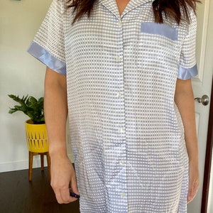 Vintage Sophia by Delicates Silky Baby Blue & White Check Short Sleeve Sleep Top, Night Shirt, Nightgown image 2