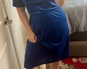 Vibrant vintage blue short sleeve velvet puff shoulder dress