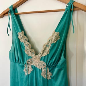 1970s teal nylon and lace maxi slip dress