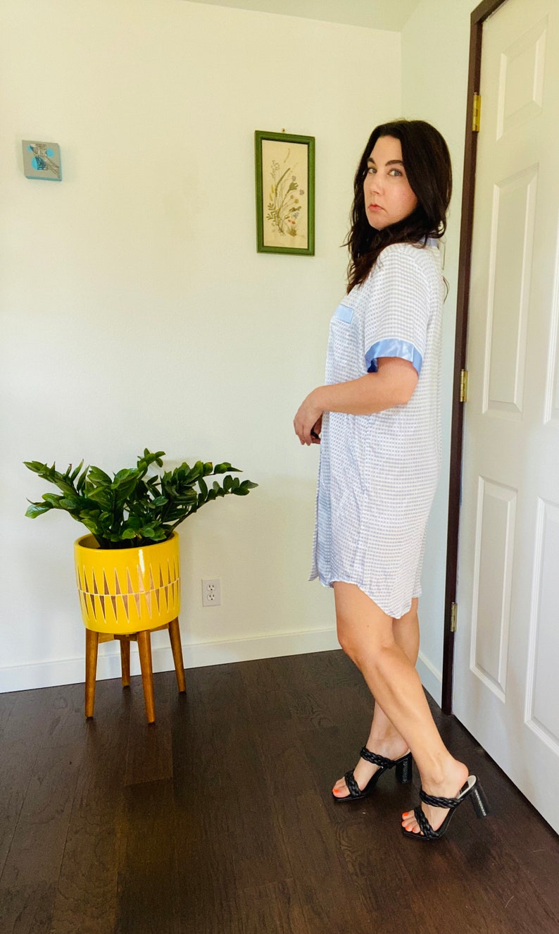 Vintage Sophia by Delicates Silky Baby Blue & White Check Short Sleeve Sleep Top, Night Shirt, Nightgown image 4