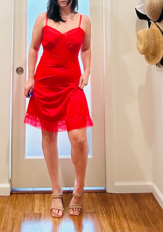 Vintage Cherry Red Lace and Mesh Silky Sleeveless Slip Dress - Etsy