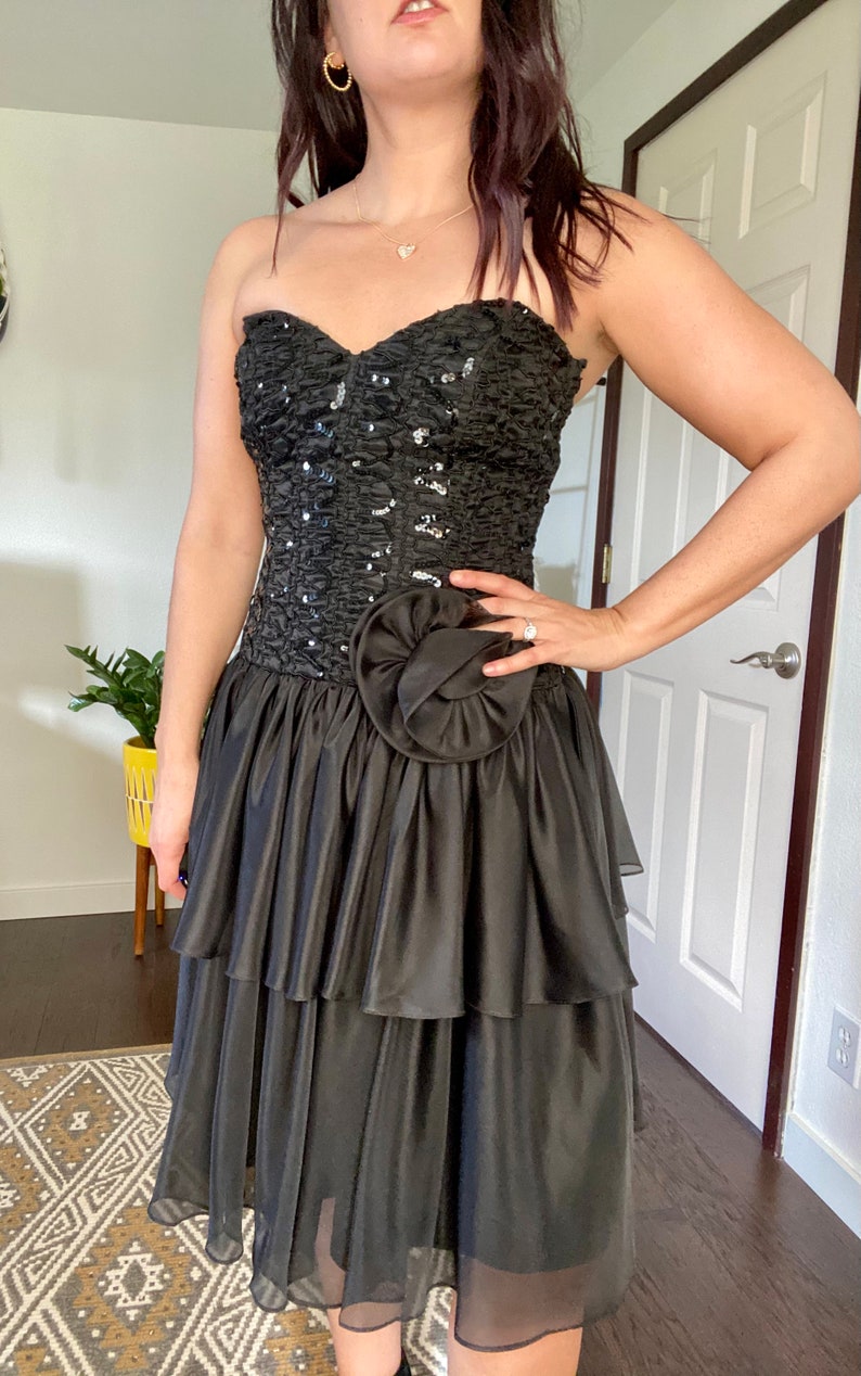 1980s Vintage TD4 by Eletra Strapless Tiered Sequin LBD Party Dress Cocktail Dress Prom Dress