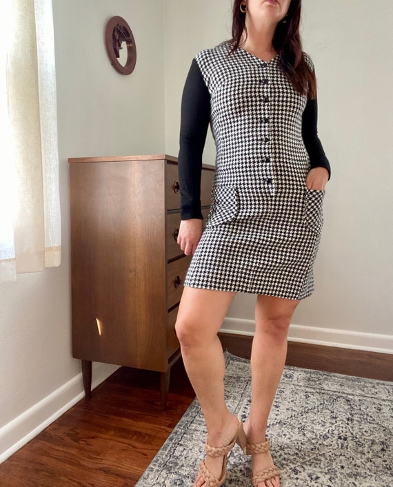 1960s Vintage Sherbert Originals Long Sleeve Houndstooth Mini Dress with Pockets