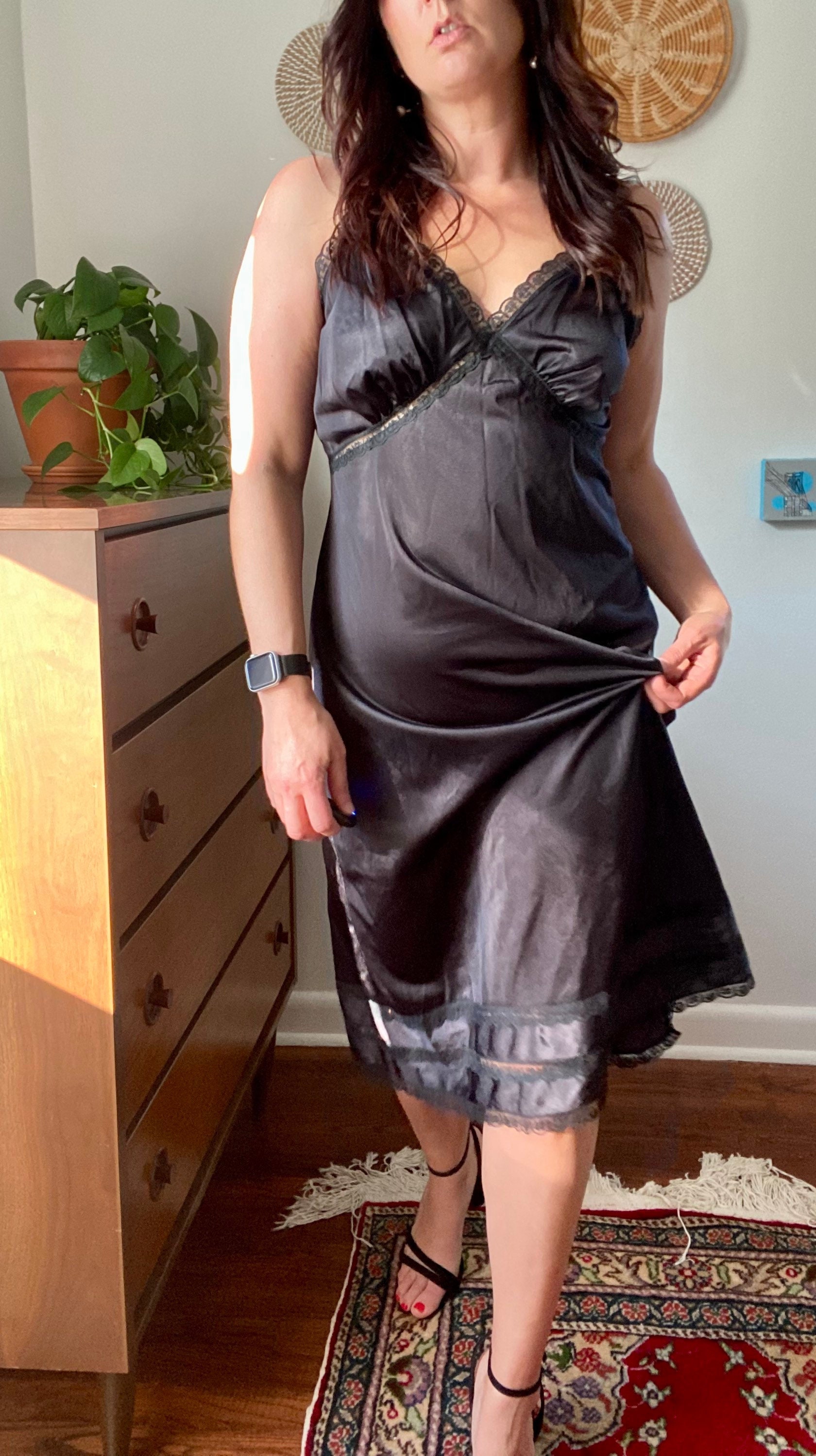 vintage black slip dress Farrah in Satin Cut on the bias for a flattering fit Vintage Black Silk Charmeuse &