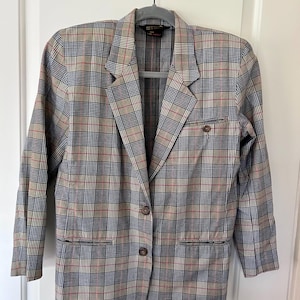 Liz Sport blue and tan plaid cotton blazer