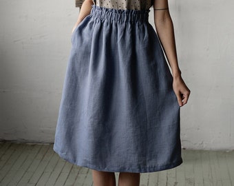 Dusty Blue Classic Midi Skirt, Linen Midi Skirt, Linen skirt, Skirt with Pockets, Below the Knee Skirt, Linen Skirt Women, Basic Linen Skirt