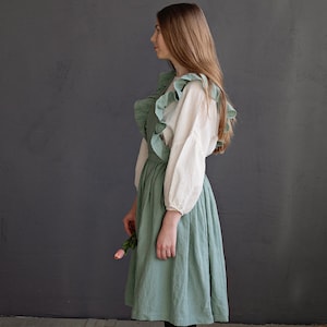 Mint Short Vintage Dress, Linen Pinafore Dress, Elastic Waist Dress, Linen Pinafore with Wings, Linen Dress for Women, Victorian Maid Apron image 3