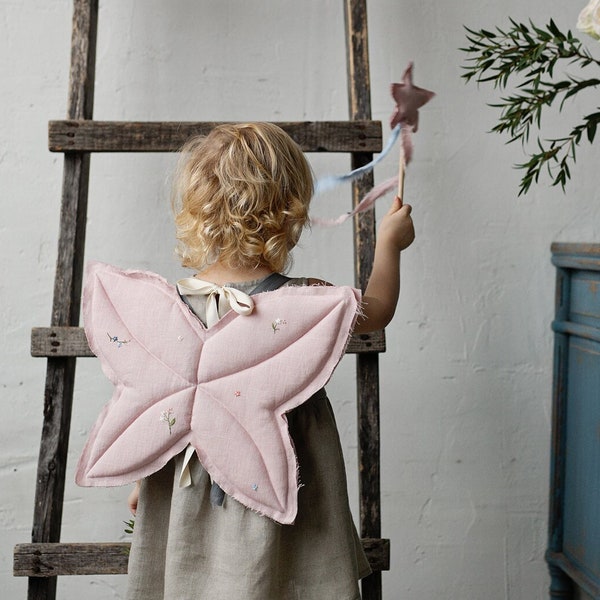 Baby Pink Magic Wings & Wand Set, Butterfly Wings for Kids, Fairy Wings, Costume Wings, Kids Accessories, Magic Wand, Linen Kids Accessories