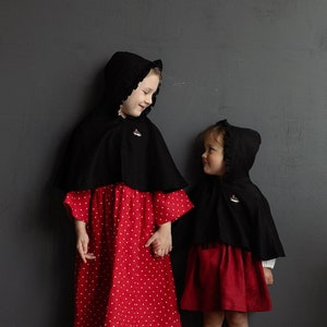 Black Little Red Riding Hood Cape, Different Embroideries, Hooded Linen Cape for Girls, Little Red Riding Hood Costume image 1