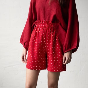 Red Polka Dot Festive Shorts, Linen Shorts, Over the Knee Shorts, Women Shorts, Linen Shorts for Women, High Waist Shorts, Loungewear image 1