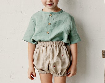 Mint Short Sleeve Unisex Linen Shirt, Different Embroideries, Linen Shirt, Linen Shirt Boys, Linen Shirt Girls, Kids Shirt