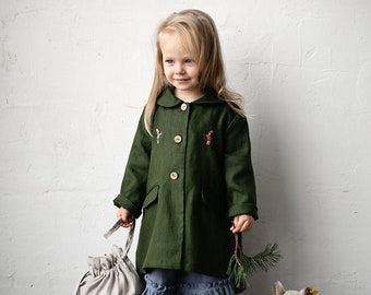 Forest Green Long Coat, Kids Linen Coat, Different Embroideries, Classic Coat for Kids, Linen Coat, Baby Linen Coat, Kids Linen Clothing