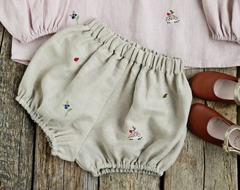 Natural Exclusive Meadow Bloomers, Linen Bloomers, Meadow Embroidery, Linen Shorts, Kids Bloomers, Linen Kids Clothing