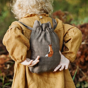 Linen Backpack, Different Colours, Sitting Fox Embroidery, Kids Backpack, Backpacks for Kids, Toy Storage Bag, Baby Bag, Gift for Kids